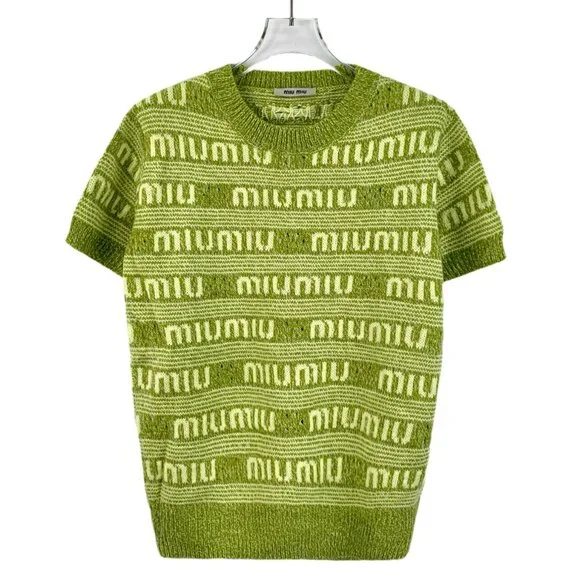 【2plan】Memory Intarsia Lettering Short Sleeve Knit Miu Miu | Tops | Dw28 Miumiu Green Striped Logo Letter
